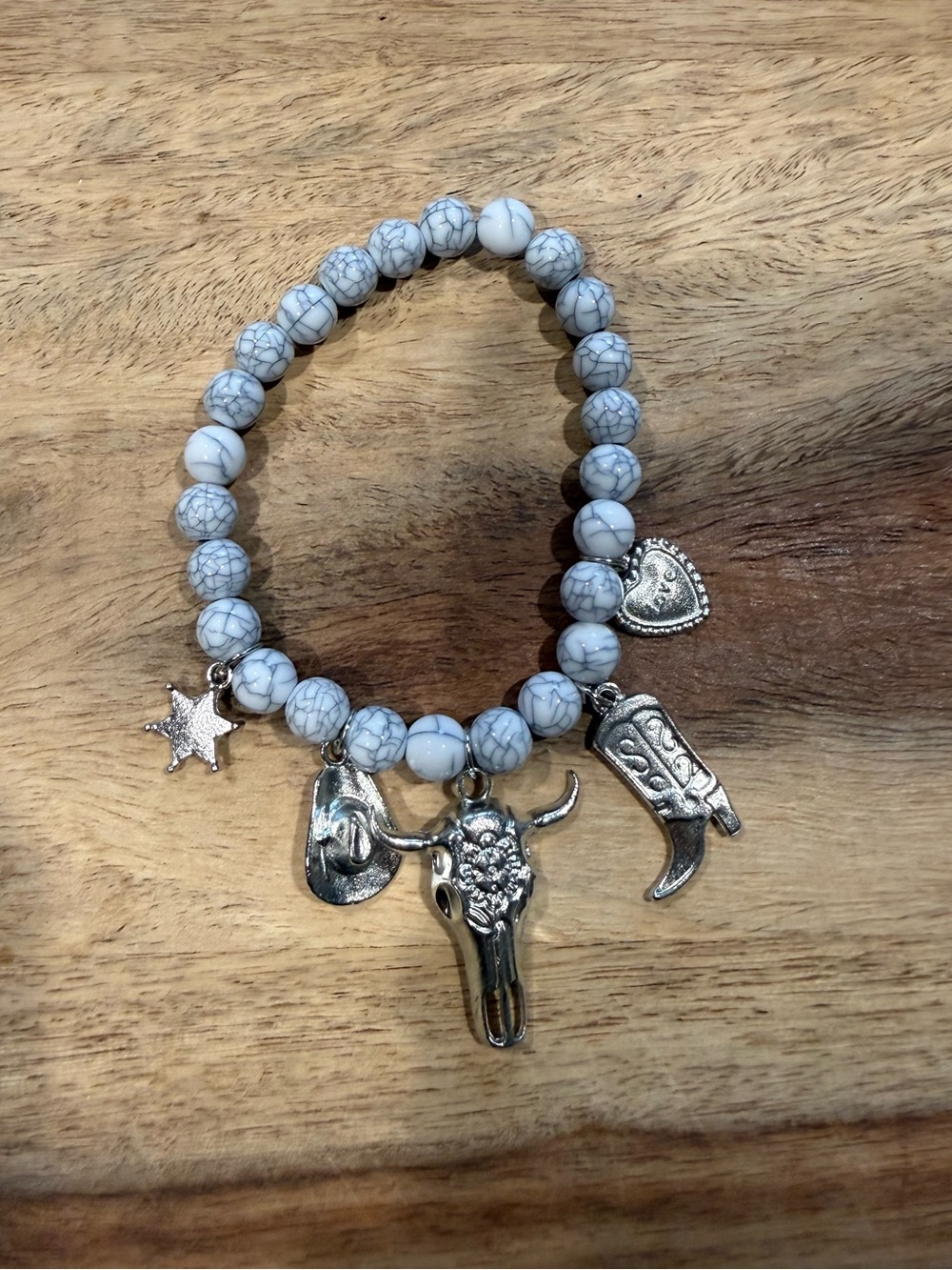 White Howlite Bead Bracelet with Western Charm Accents